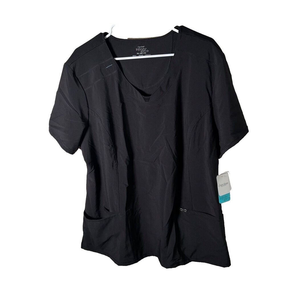 Cherokee Infinity Top Women's 2XL Black Short Sleeve T-Shirt Pockets V-Neck